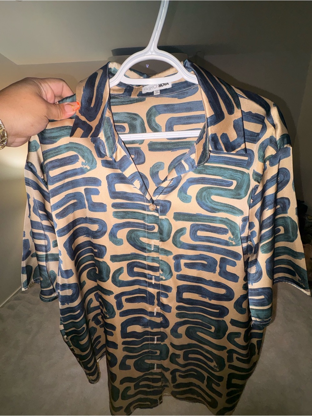 Fashion Nova Green Multi Abstract Tie-Front Button Shirt